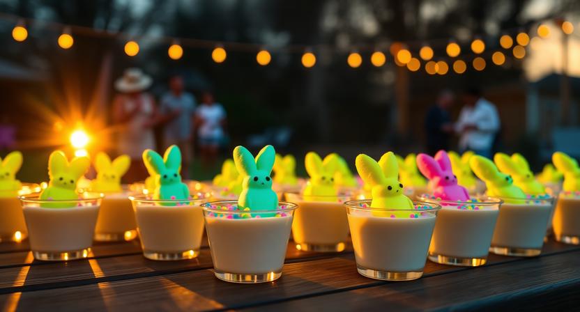 Bouncing Bunny Pudding Shots decorated with Peeps and sprinkles