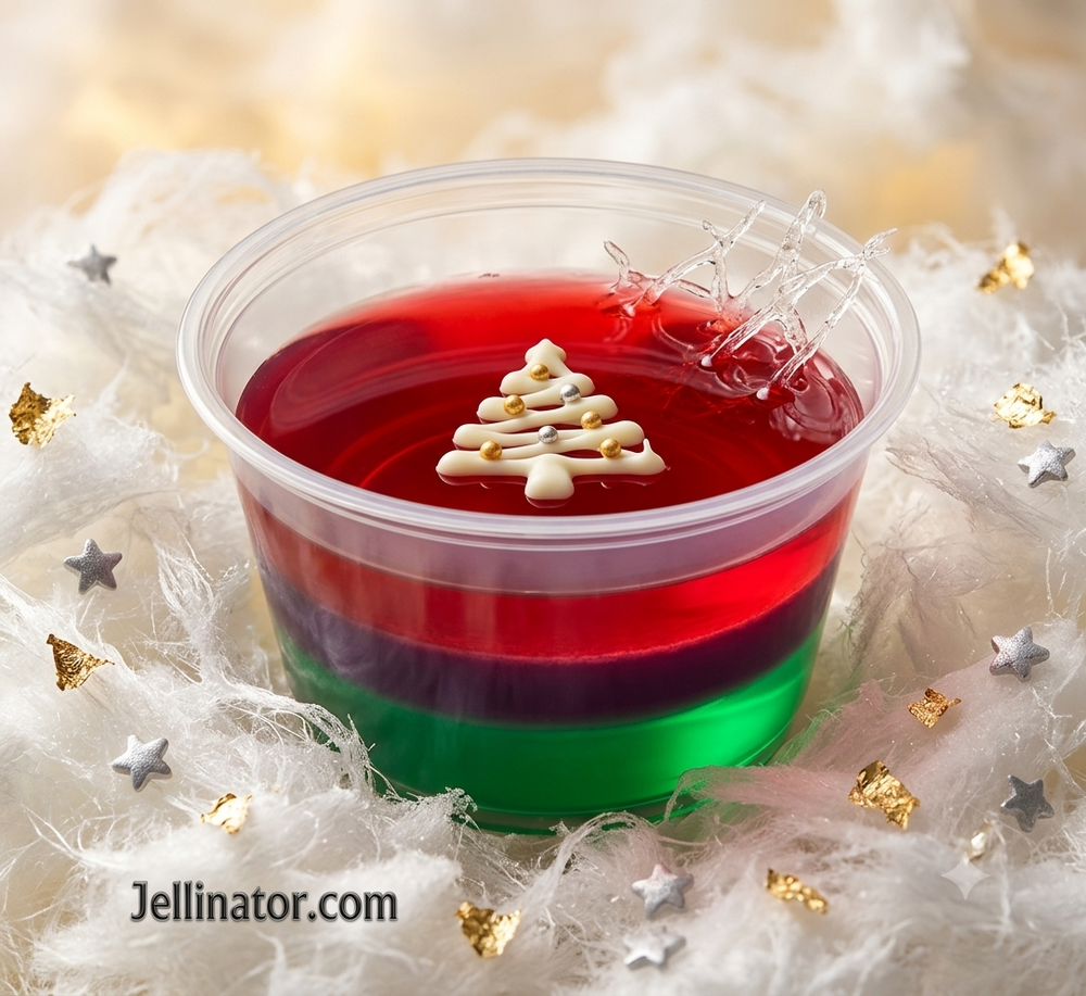 Close up of layered red and green holiday jello shots inside clear cups arranged on a silver platter
