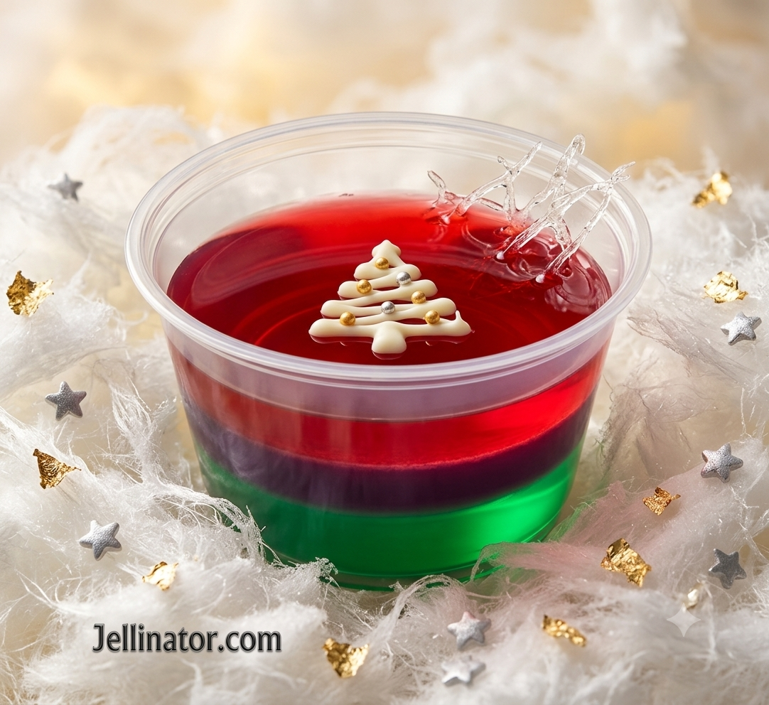 Close up of layered red and green holiday jello shots inside clear cups arranged on a silver platter
